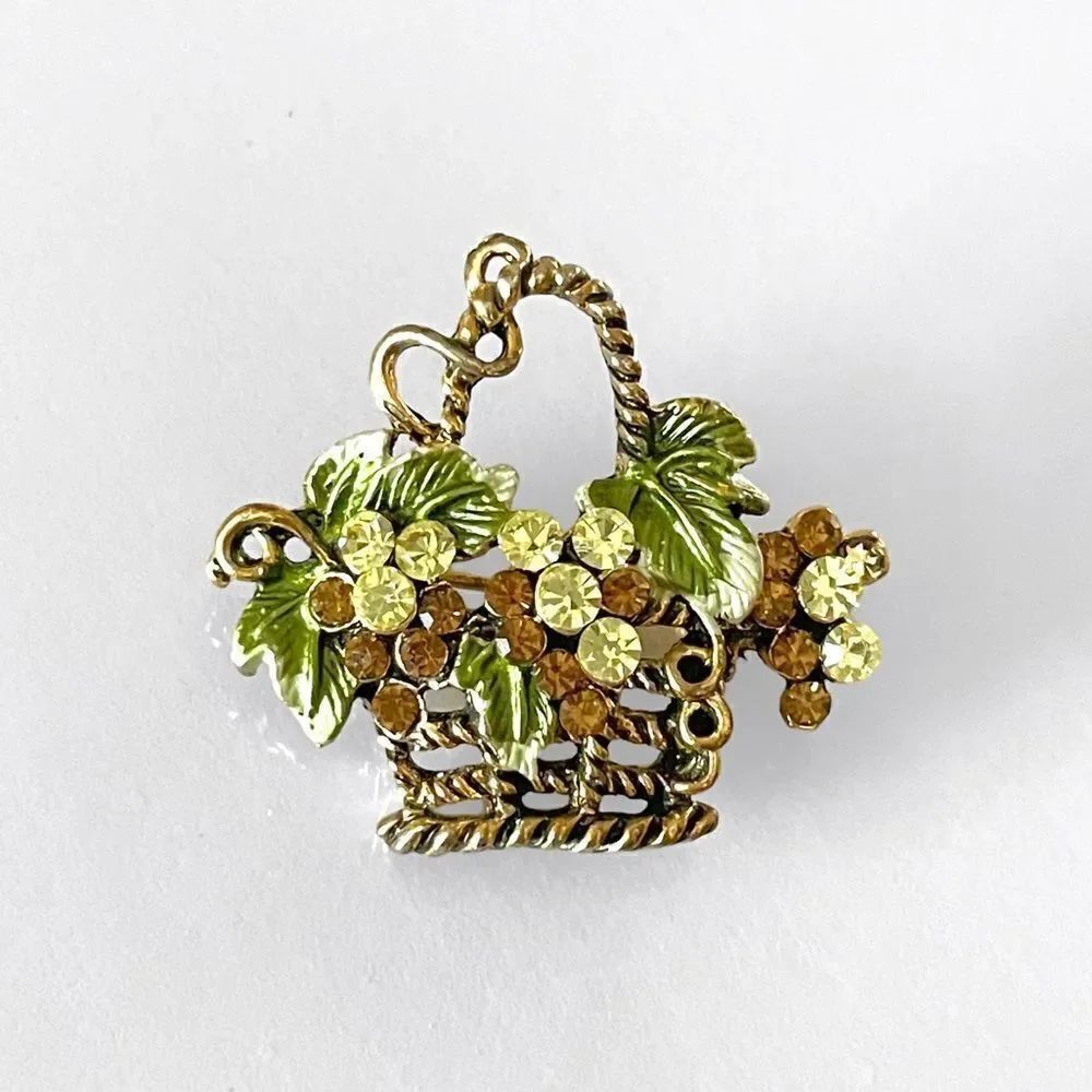 Vintage Floral Fruit Basket Rhinestone Brooch